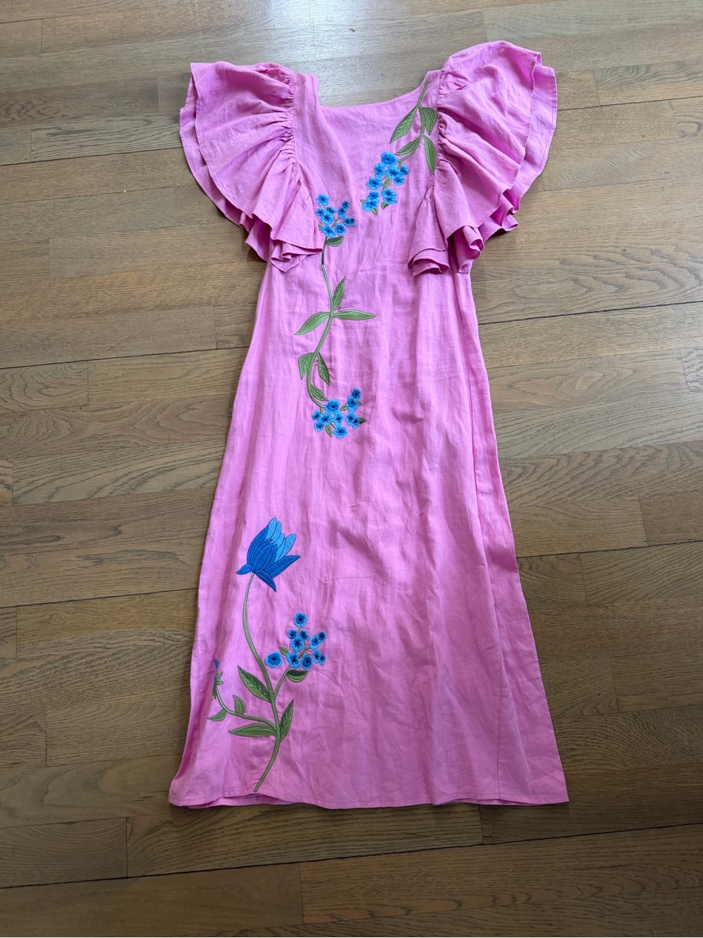 Fanm Mon Pink Midi Dress with Blue Floral Embroidery